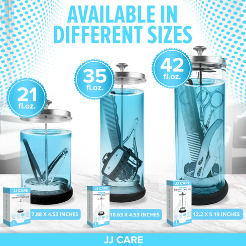 JJ CARE Disinfectant Jar (21oz) - Barber Jar Glass, Sanitizer Disinfectant Glass Jar, Barber Disinfectant Jar, Implement Disinfectant Container w/Stainless Steel Removable Strainer & Cap - Silver Lid